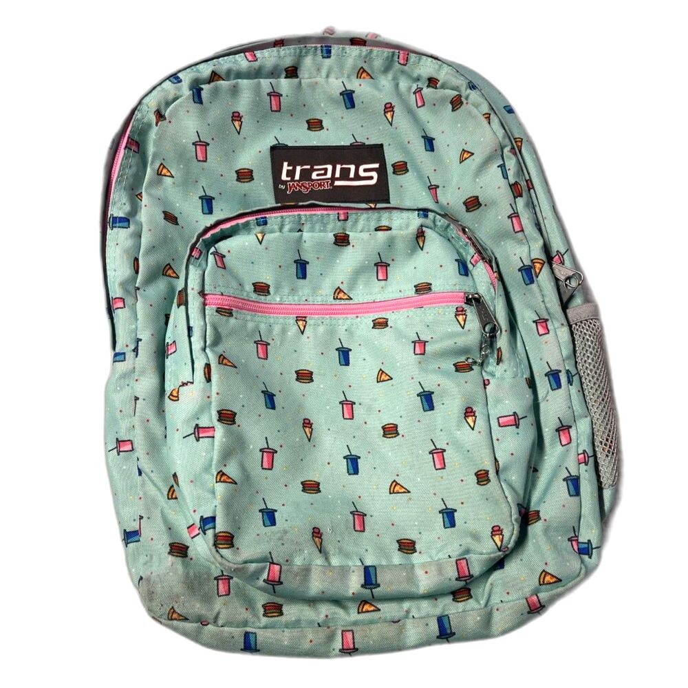 Trans by JanSport Backpack – Cute Fast Food Print, Mint Green with Pink Accents